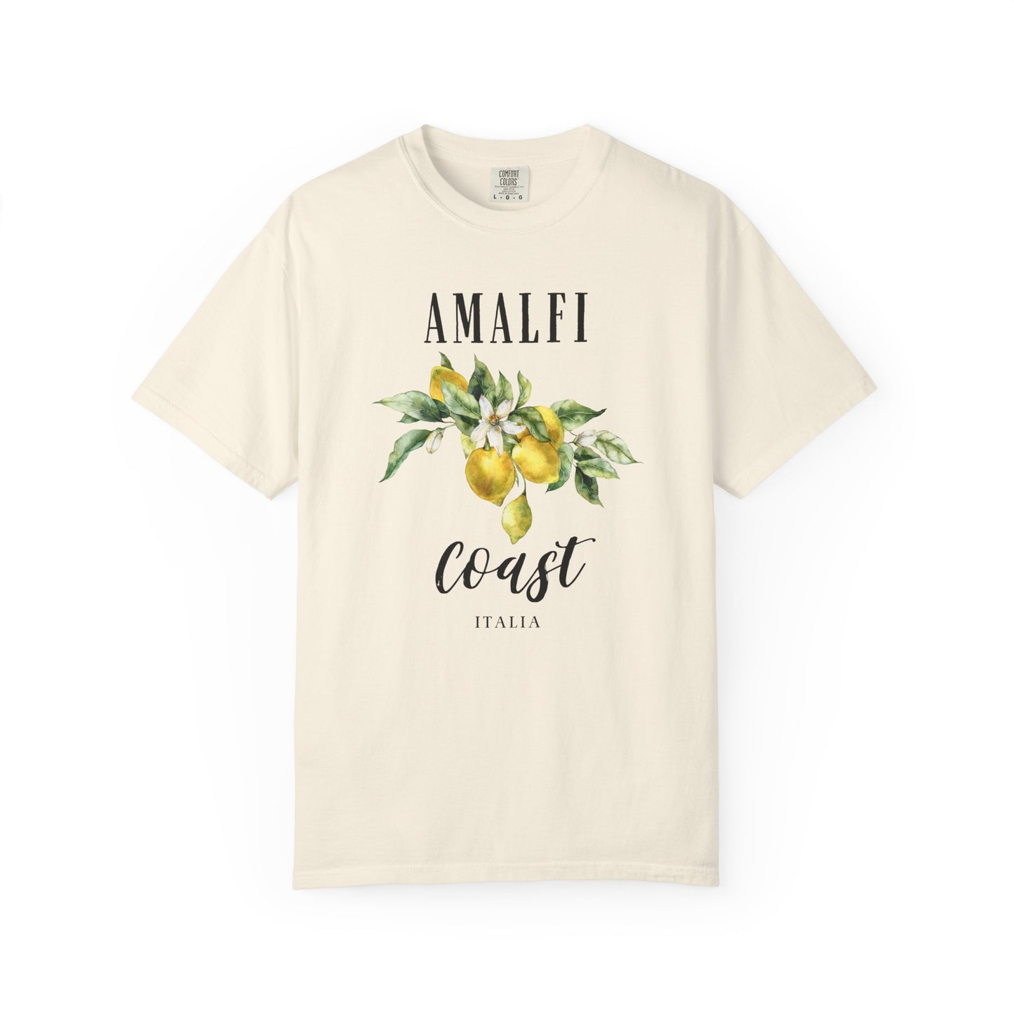 ivory t-shirt with 'Amalfi Coast Italia' text and lemon graphic on a white background