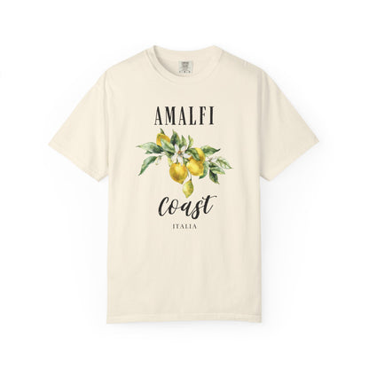 ivory t-shirt with 'Amalfi Coast Italia' text and lemon graphic on a white background