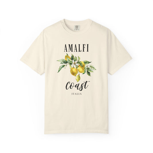 ivory t-shirt with 'Amalfi Coast Italia' text and lemon graphic on a white background