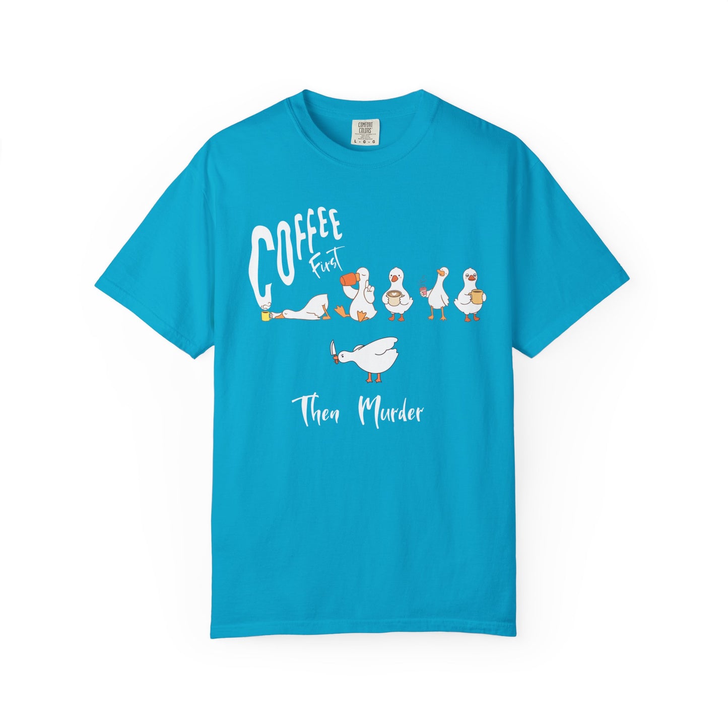 Silly Goose Coffee First t-shirt in sapphire — garment-dyed heavyweight cotton tee
