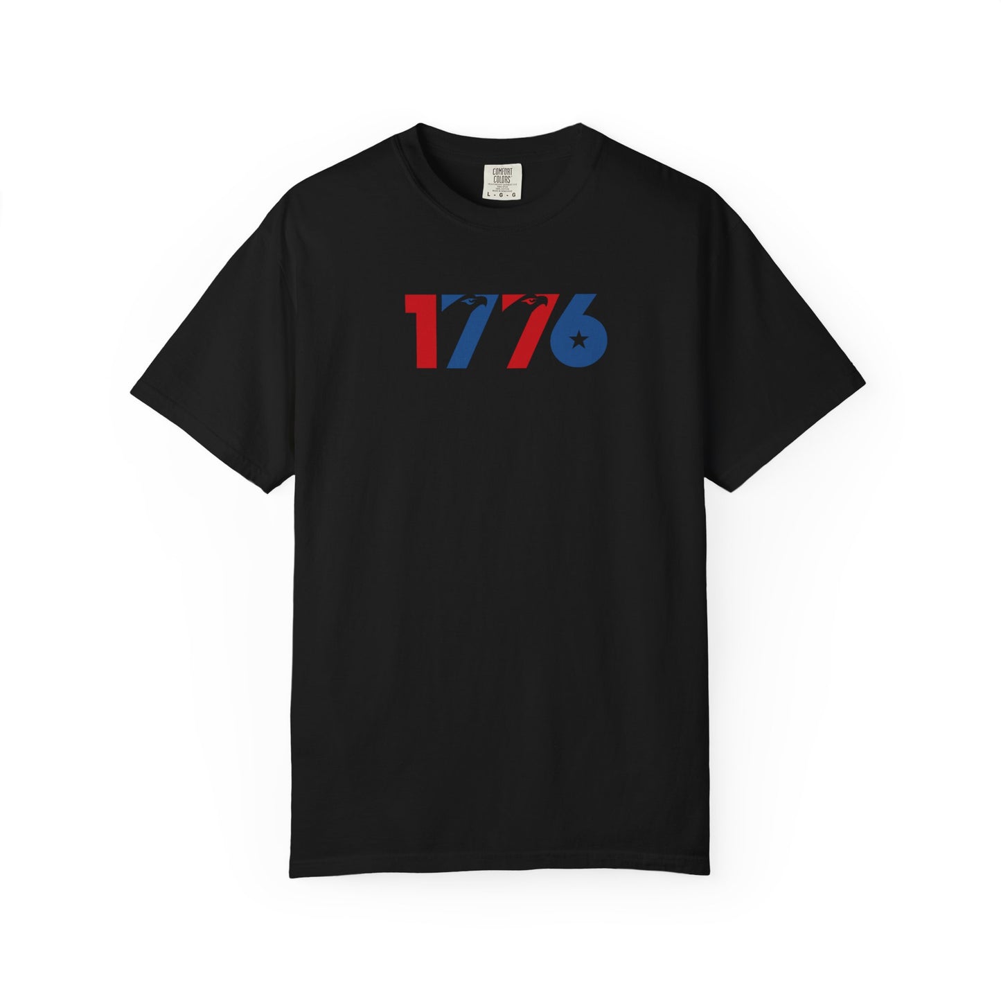 Black t-shirt with '1776' printed in red and blue on a white background