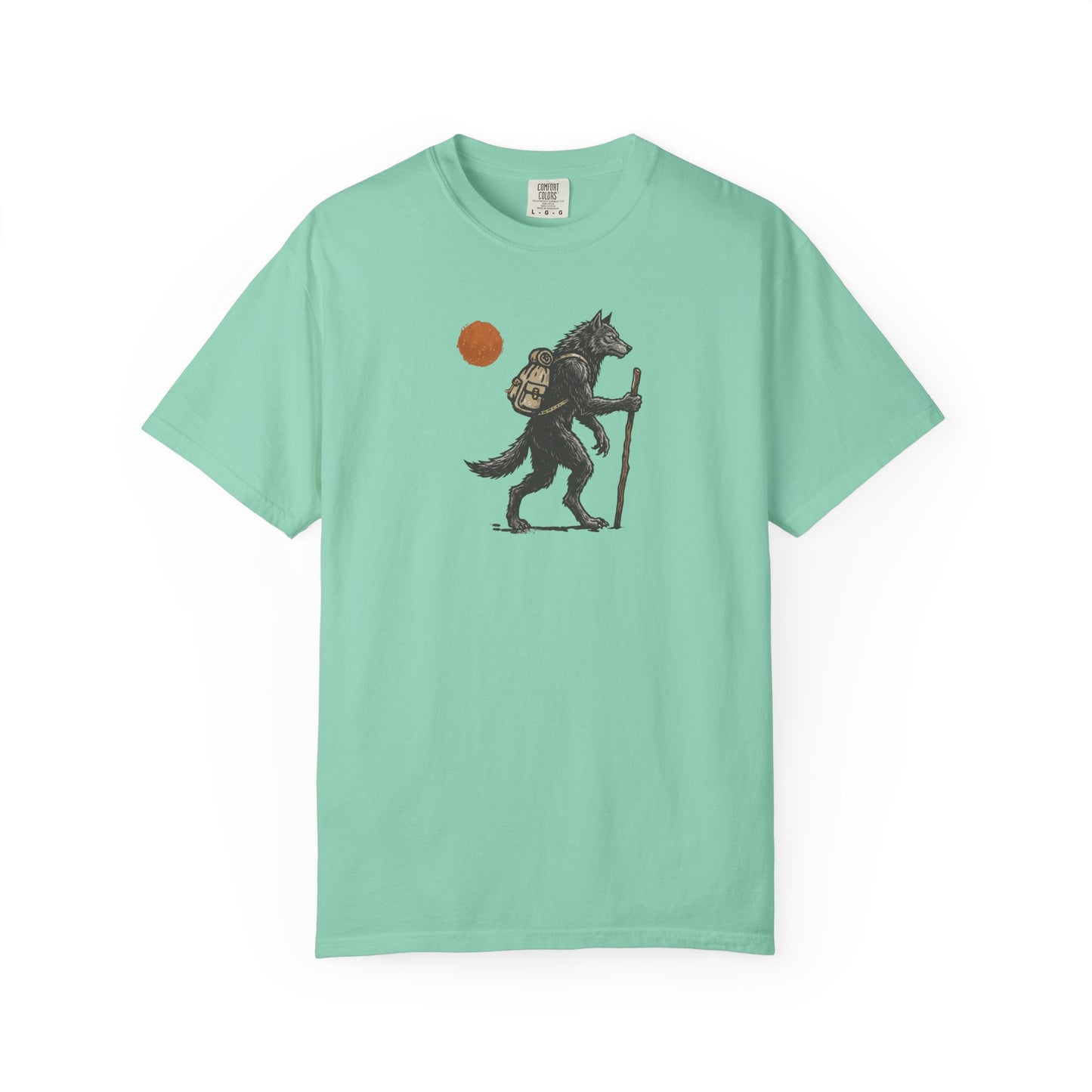 Hiking Wolf graphic t-shirt in Island reef— werewolf with backpack and walking stick print on garment-dyed heavyweight cotton tee.