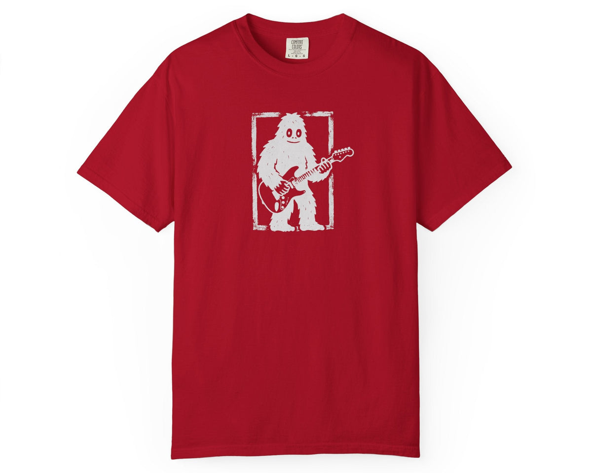 Red garment-dyed Bigfoot guitar graphic tee, heavyweight ring-spun cotton vintage band shirt