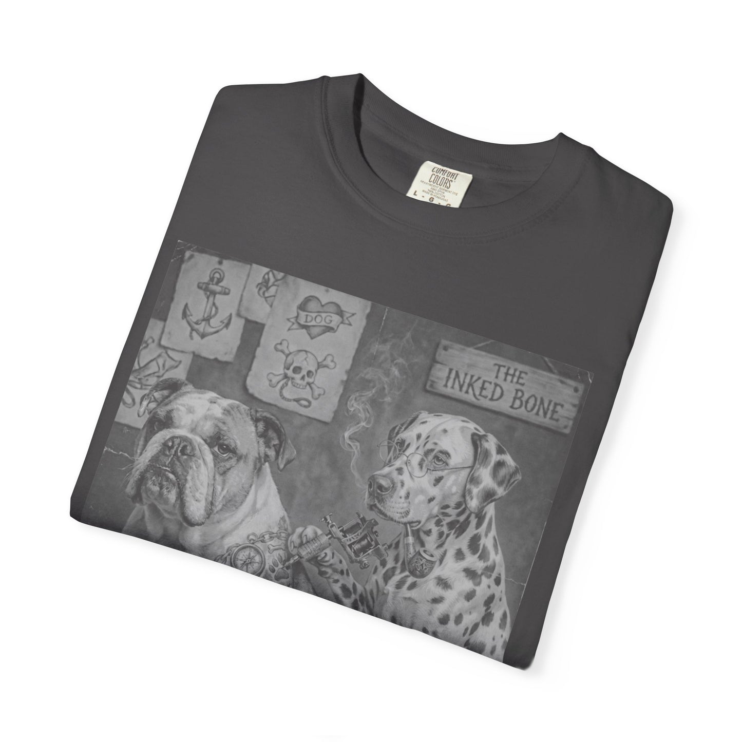 Folded graphite garment-dyed t-shirt with vintage Bulldog and Dalmatian tattoo parlor illustration — The Inked Bone, Comfort Colors heavyweight tee