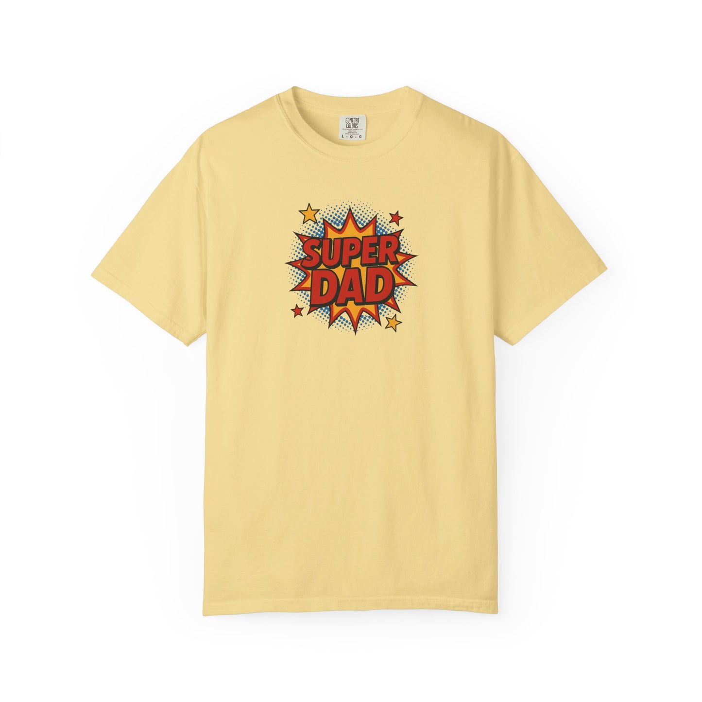 Super Dad comic graphic t-shirt in Butter — bold SUPER DAD burst graphic, Comfort Colors 1717
