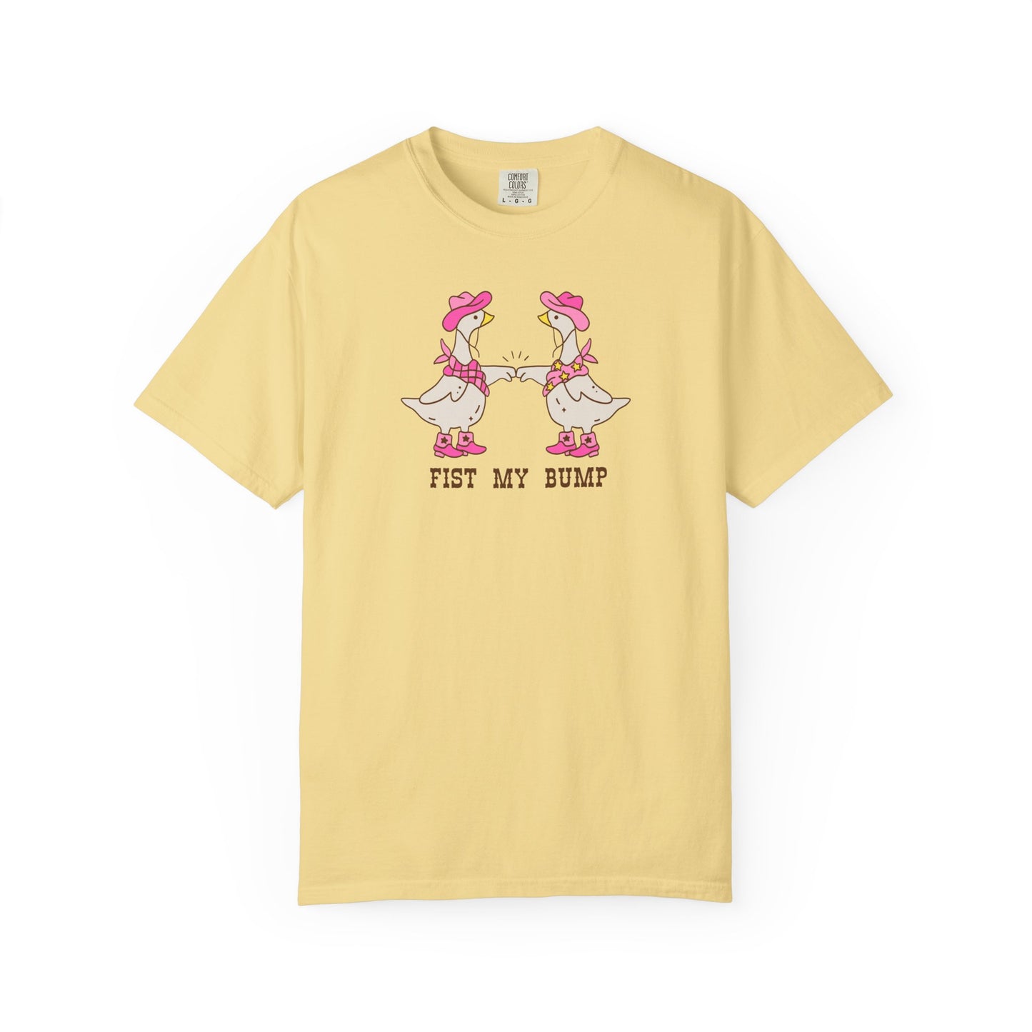 Funny Western Goose T-Shirt in Butter — "Fist My Bump" silly graphic tee