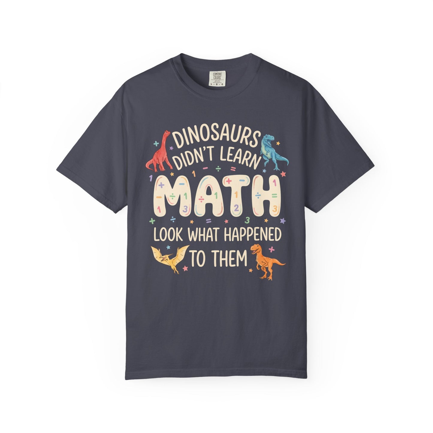 Navy blue t-shirt with dinosaur-themed text on a white background