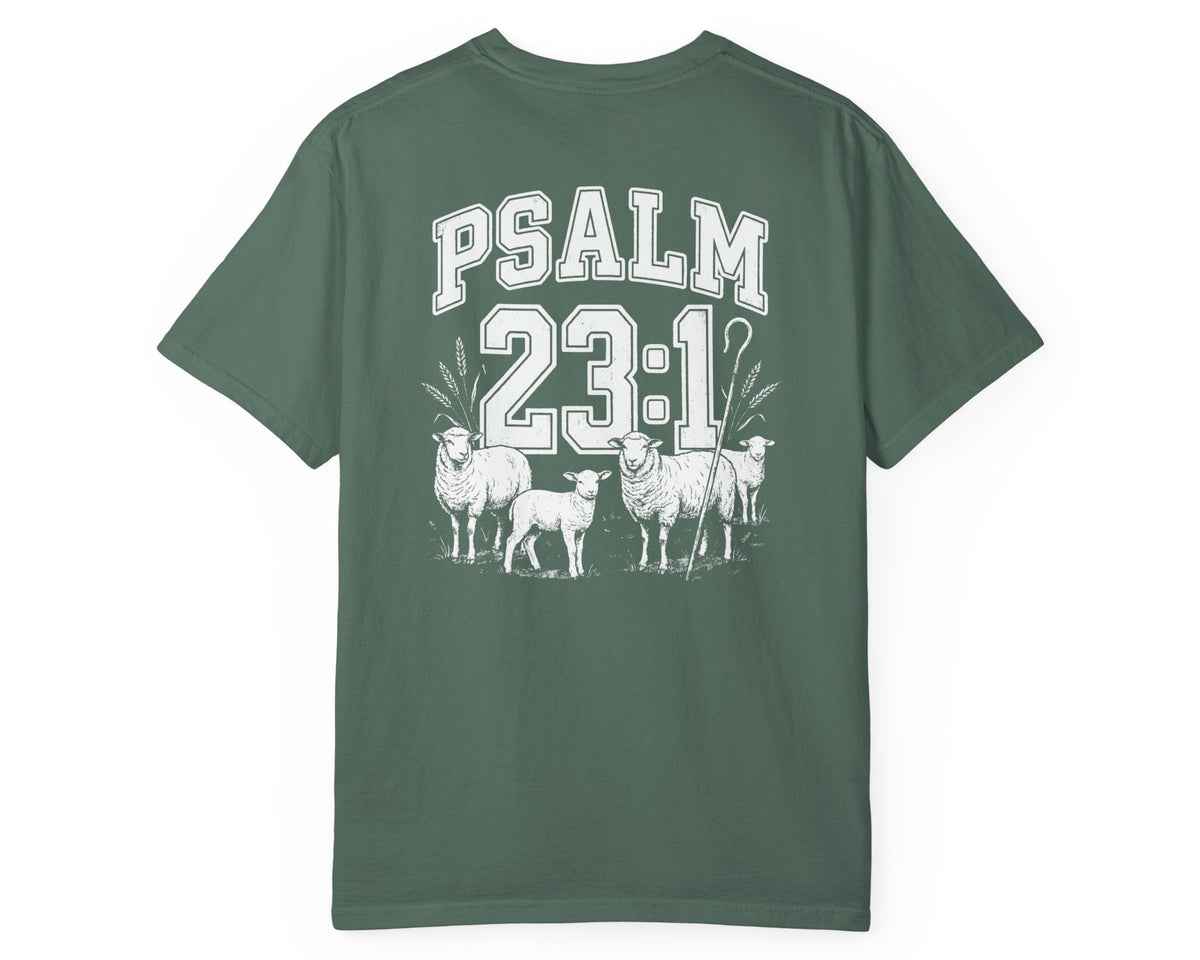 Blue Spruce Psalm 23:1 faith shirt with shepherd graphic design and scripture text shown on model