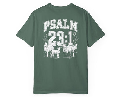 Blue Spruce Psalm 23:1 faith shirt with shepherd graphic design and scripture text shown on model