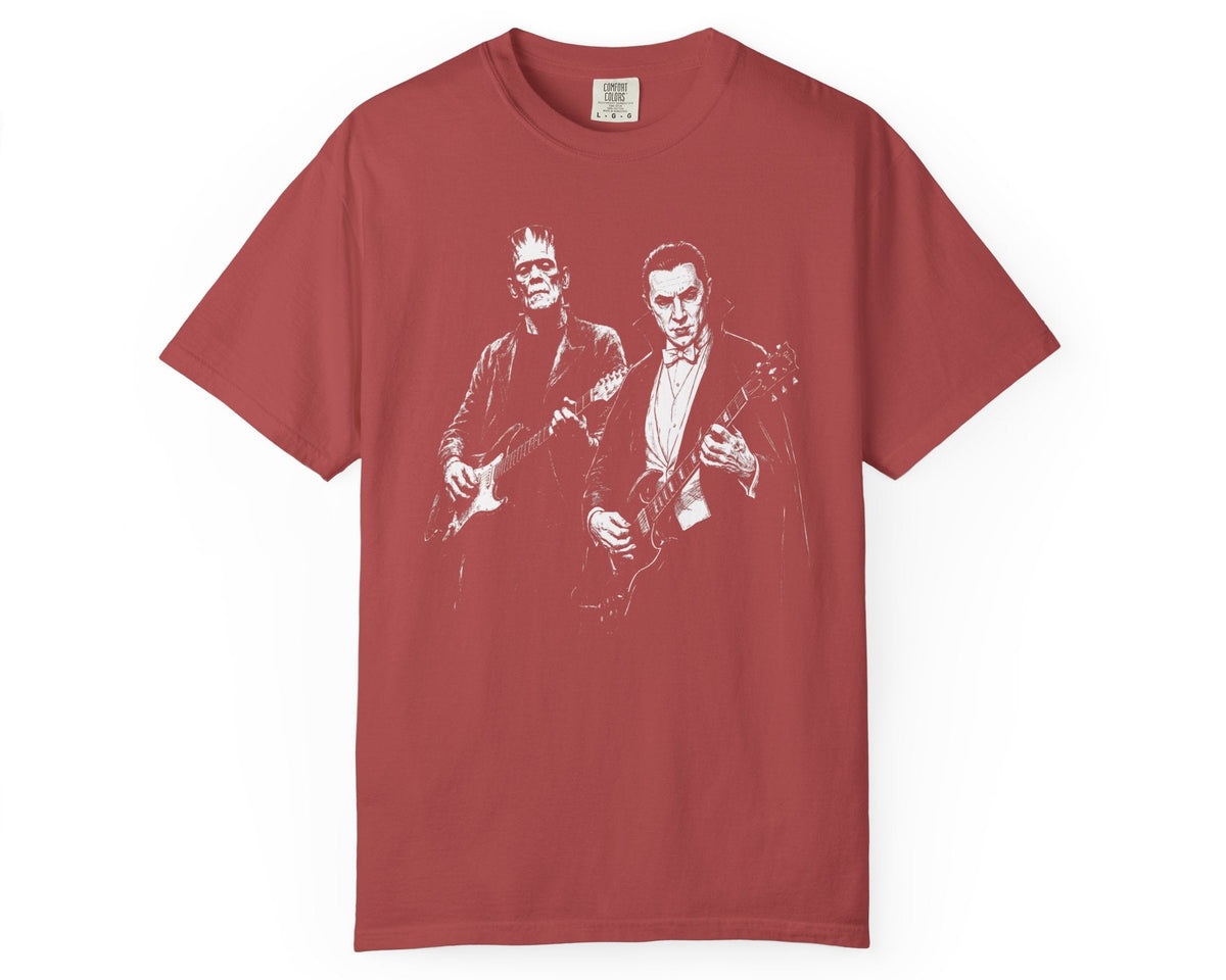 Crimson garment-dyed Frankenstein and Dracula guitar tee with retro Halloween rock band graphic 