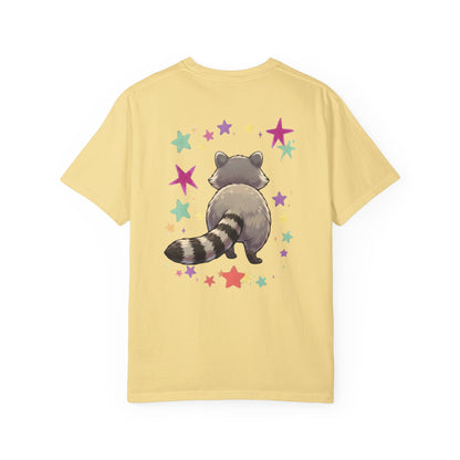 butter t-shirt with raccoon graphic and 'See You Later' text on the front with cute raccoon and cute raccoon on back of shirt on a white background