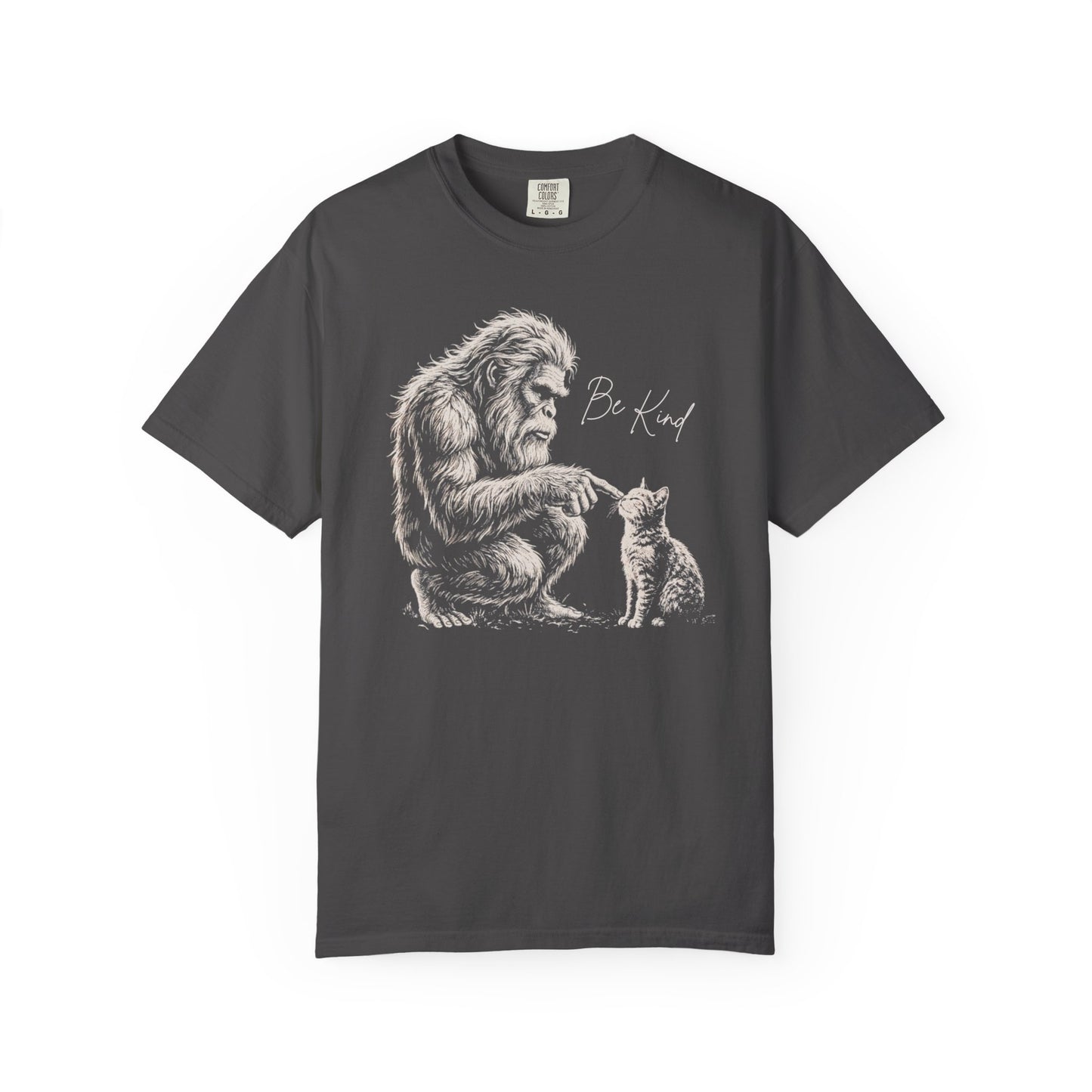 Be Kind Bigfoot & Kitten T-Shirt in Graphite— Sasquatch graphic tee for cat lovers