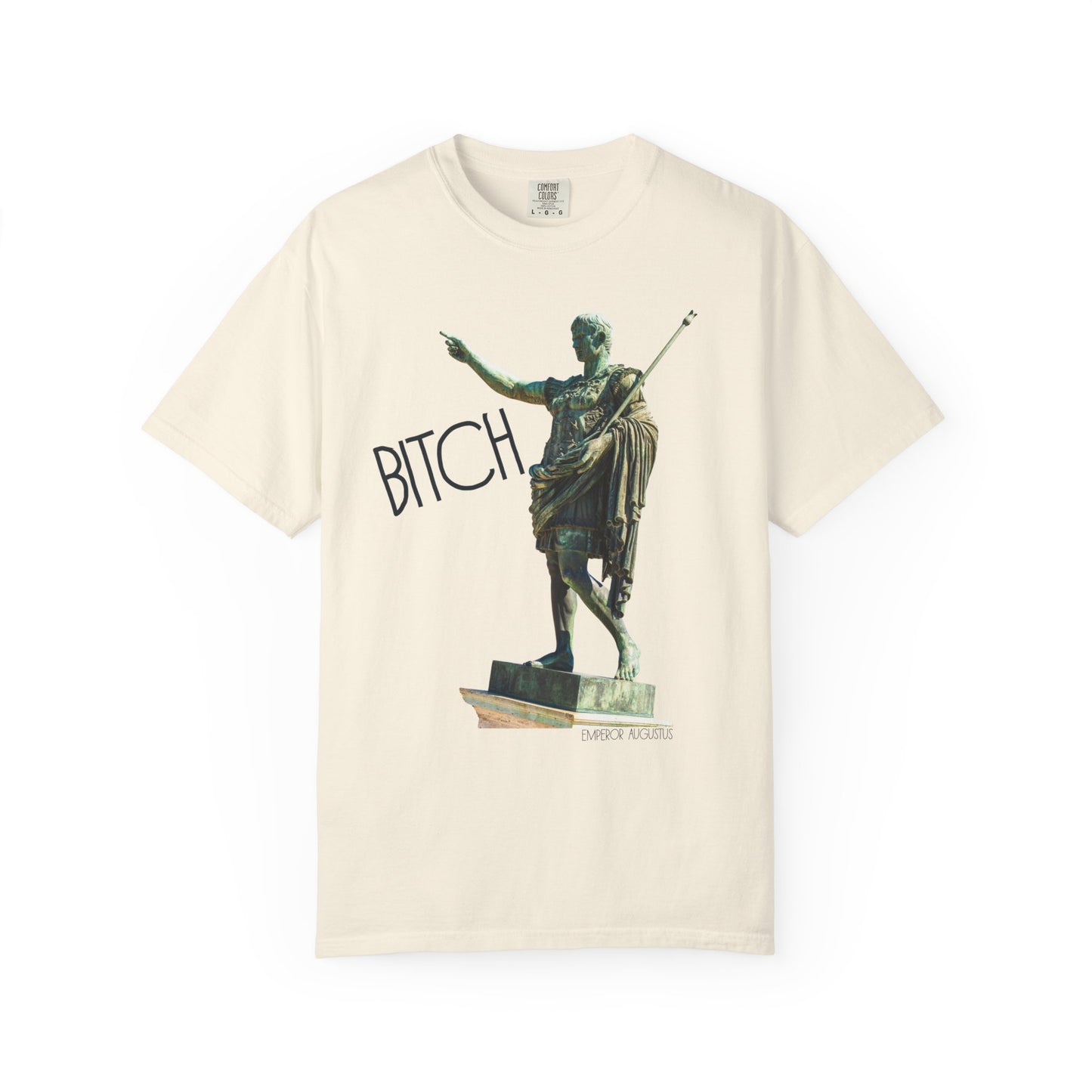 Ivory  t-shirt with a graphic of a statue pointing and the word 'Bitch' on a white background