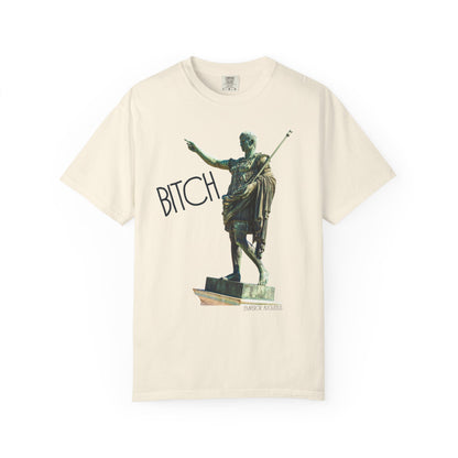 Ivory  t-shirt with a graphic of a statue pointing and the word 'Bitch' on a white background