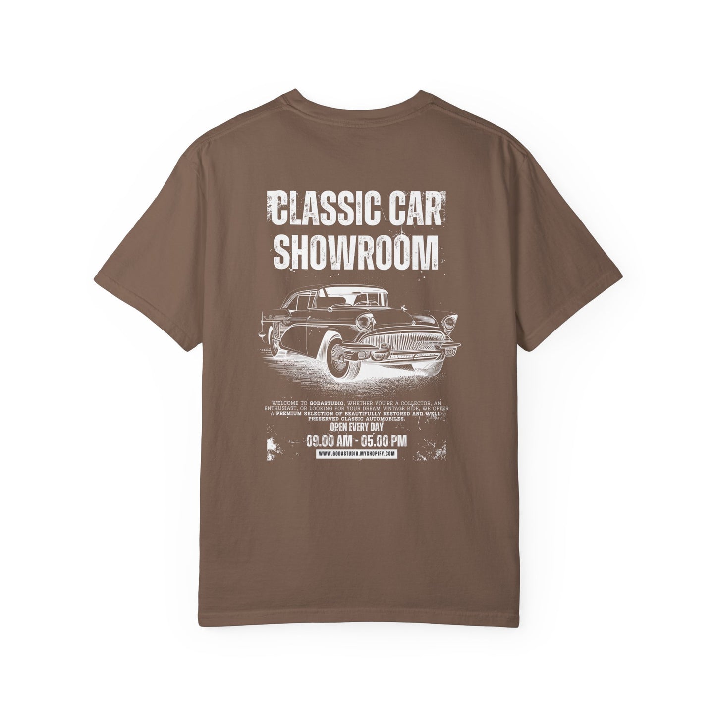 Classic Car Showroom Graphic T-Shirt — 'Old Boy Toy' Vintage Car Tee