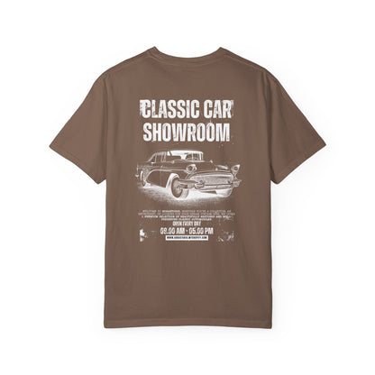 Classic Car Showroom Graphic T-Shirt — 'Old Boy Toy' Vintage Car Tee