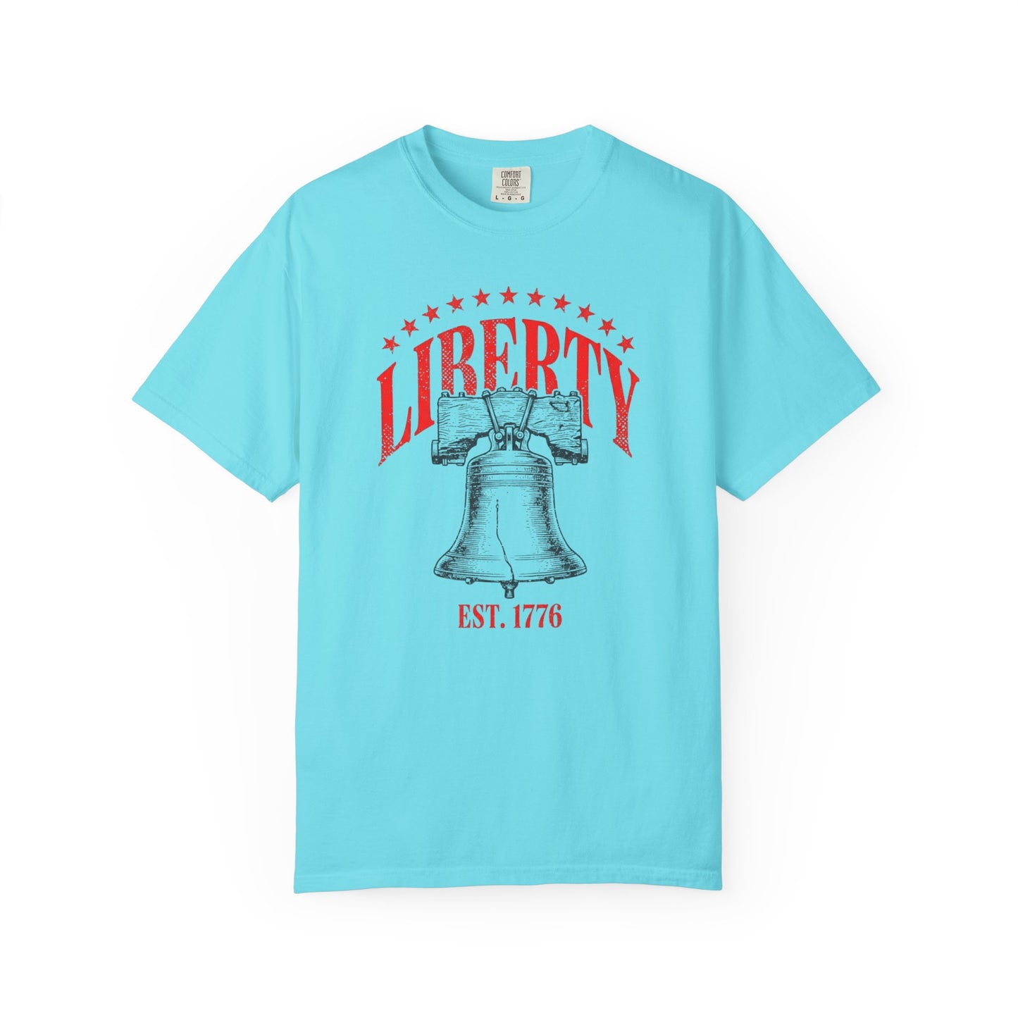 Liberty Bell T-Shirt EST. 1776 in Lagoon Blue — vintage garment-dyed patriotic tee