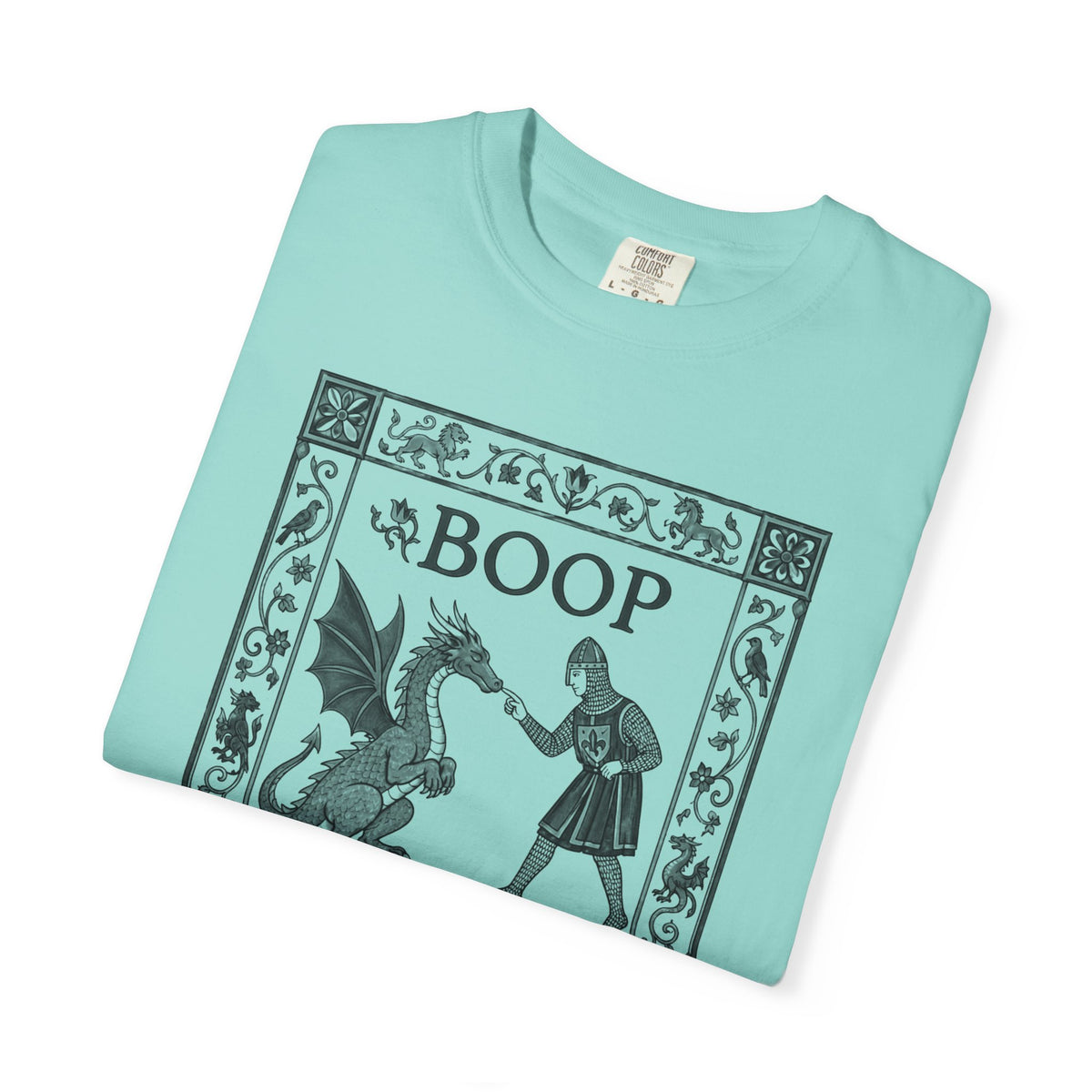 Boop Dragon T-Shirt in Chalky Mint — vintage illustration tee featuring an armored knight and winged dragon with ornate border and "BOOP" lettering

