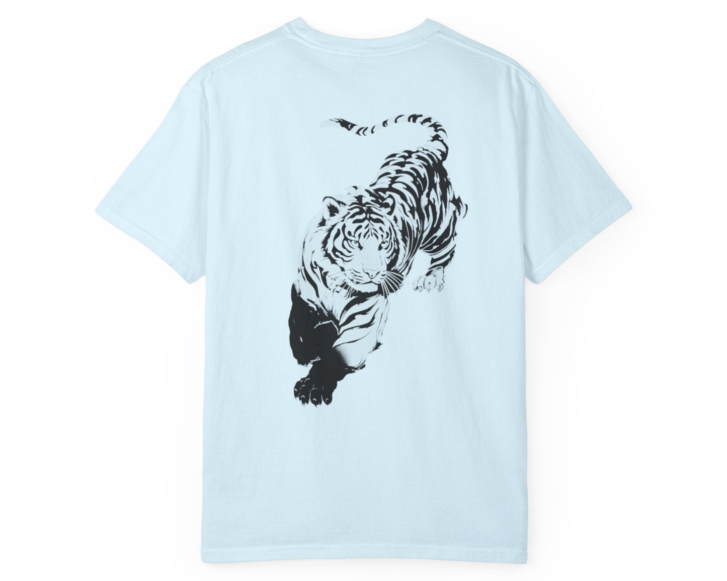 Tiger claw mark front and stalking tiger back graphic tee in CHAMBRAY, heavyweight garment-dyed cotton