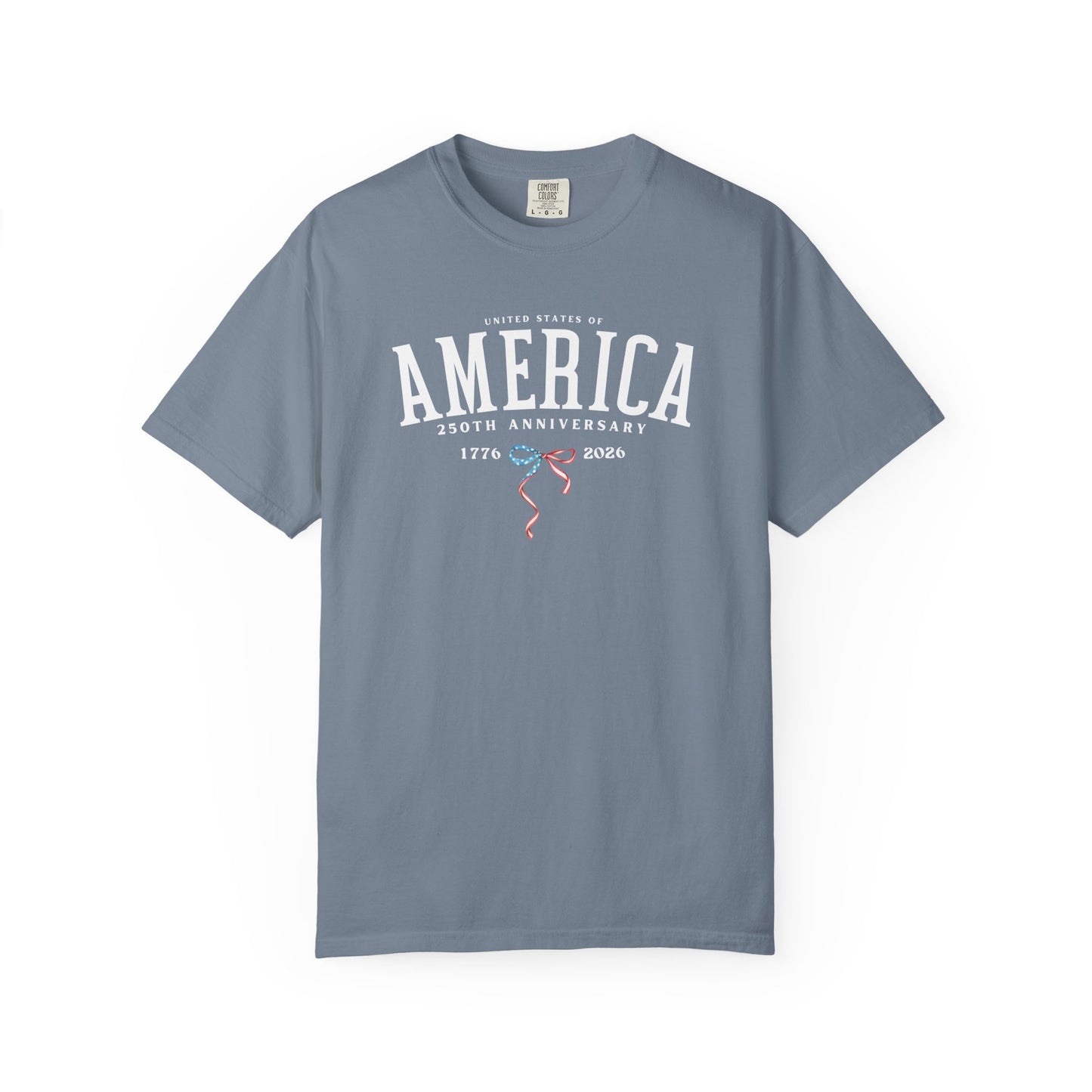 America 250th Anniversary T-Shirt in Blue Jean — vintage garment-dyed patriotic tee