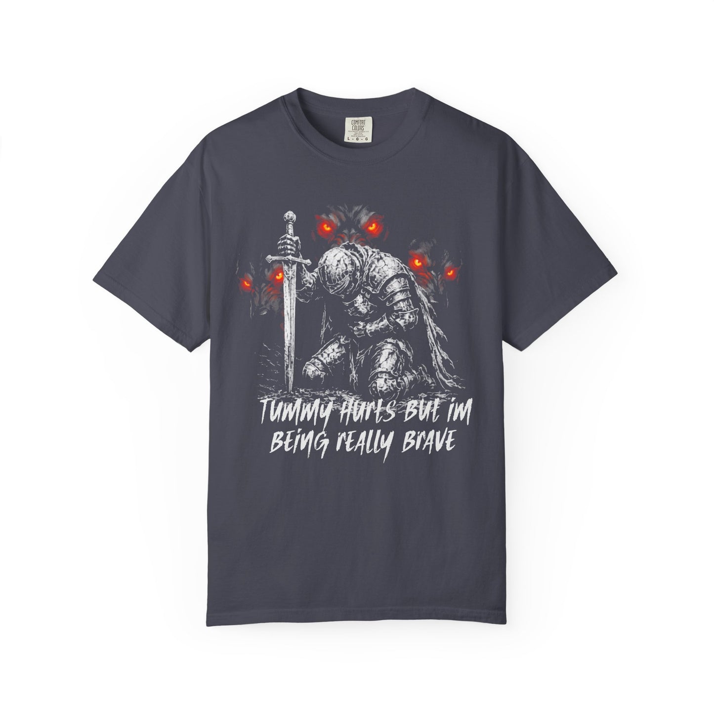 Funny knight graphic tee with Serverus and "Tummy Hurts But I'm Being Really Brave" text — Navy color mockup showing relaxed fit