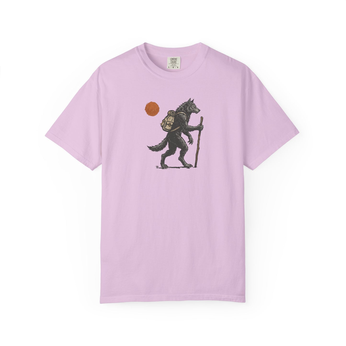 Hiking Wolf graphic t-shirt in Orchid — werewolf with backpack and walking stick print on garment-dyed heavyweight cotton tee.