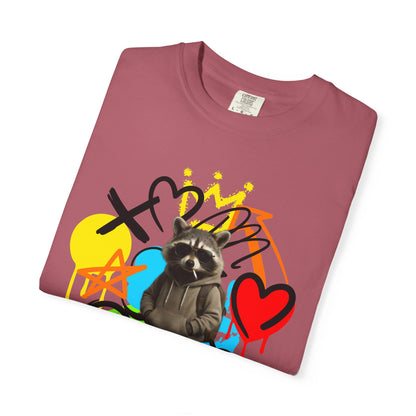 Graffiti Raccoon T-Shirt — Street Art Graphic Tee with Heart & Crown