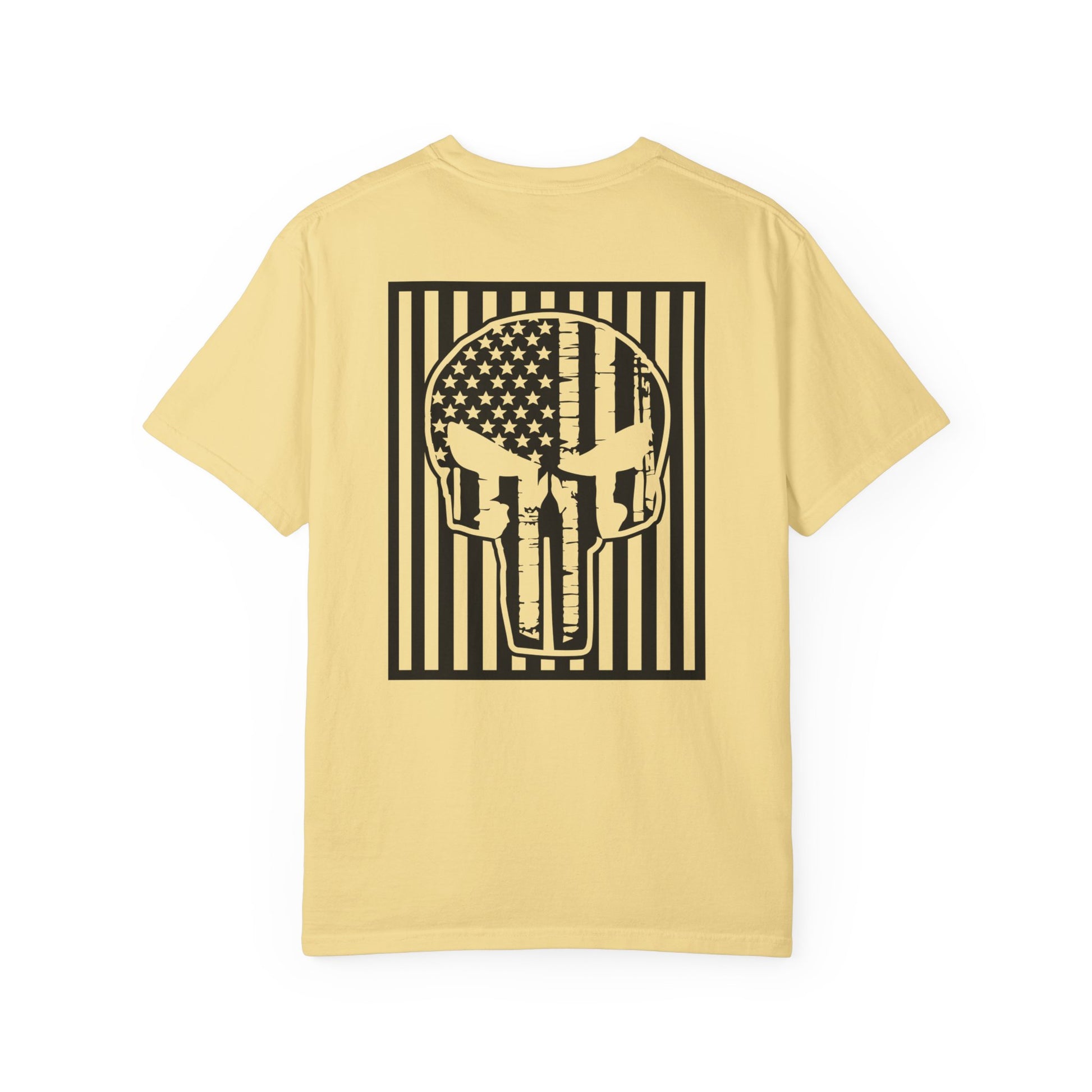 butter t-shirt with white star and circle design on front, and Punisher skull design on back