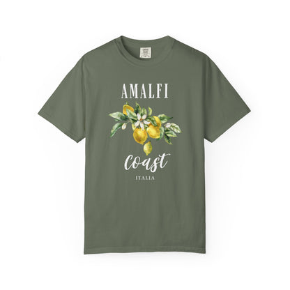 moss t-shirt with 'Amalfi Coast Italia' design featuring lemons and leaves on a white background.