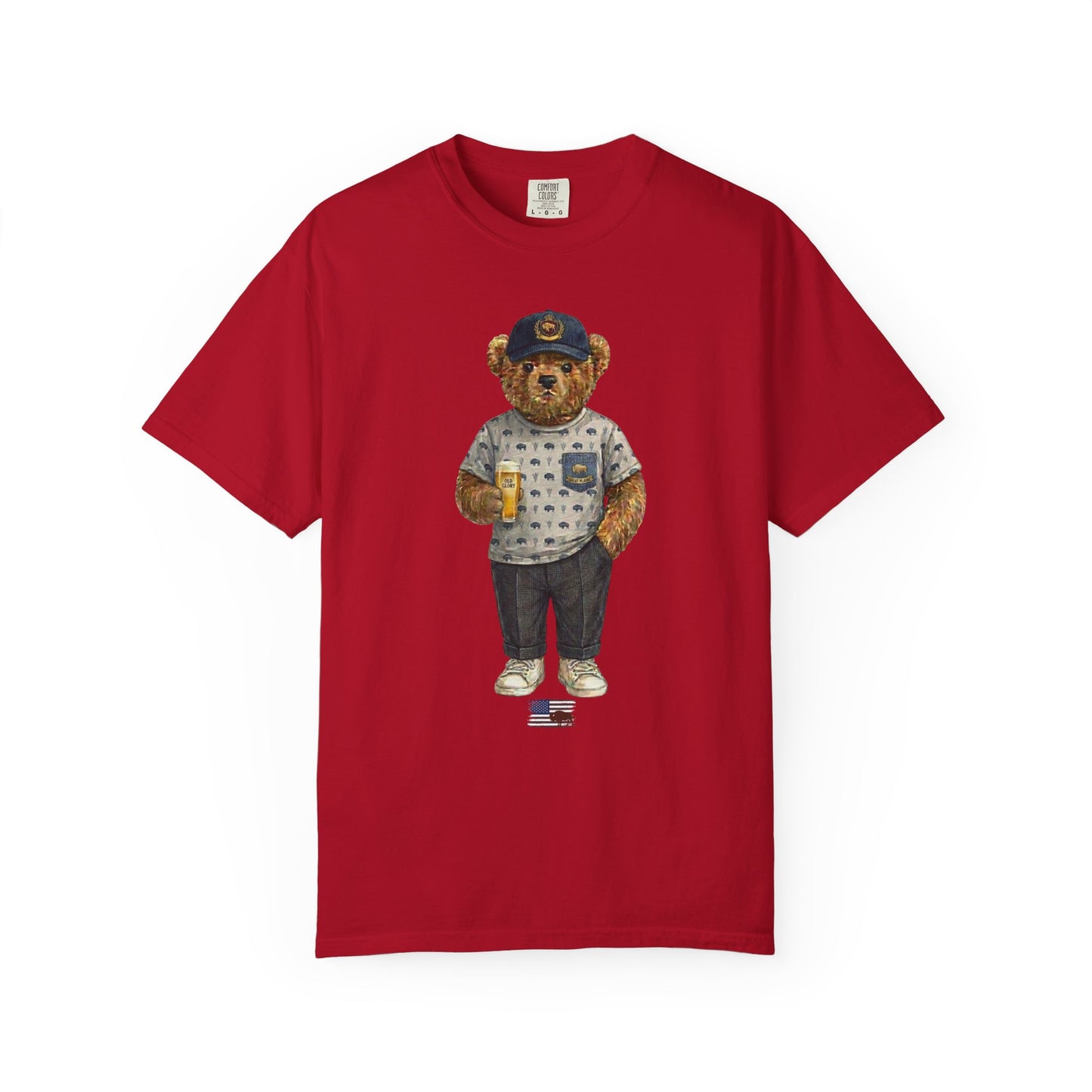 Red t-shirt with a bear graphic holding a beer mug on a white background