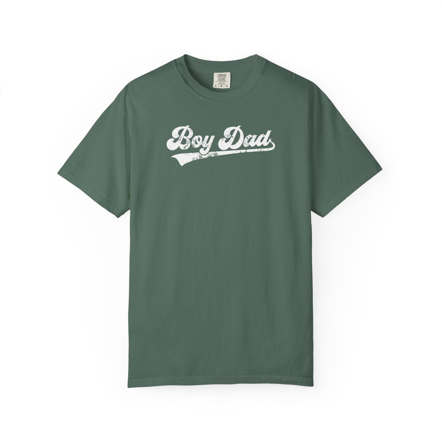 moss t-shirt with 'Boy Dad' text on a white background