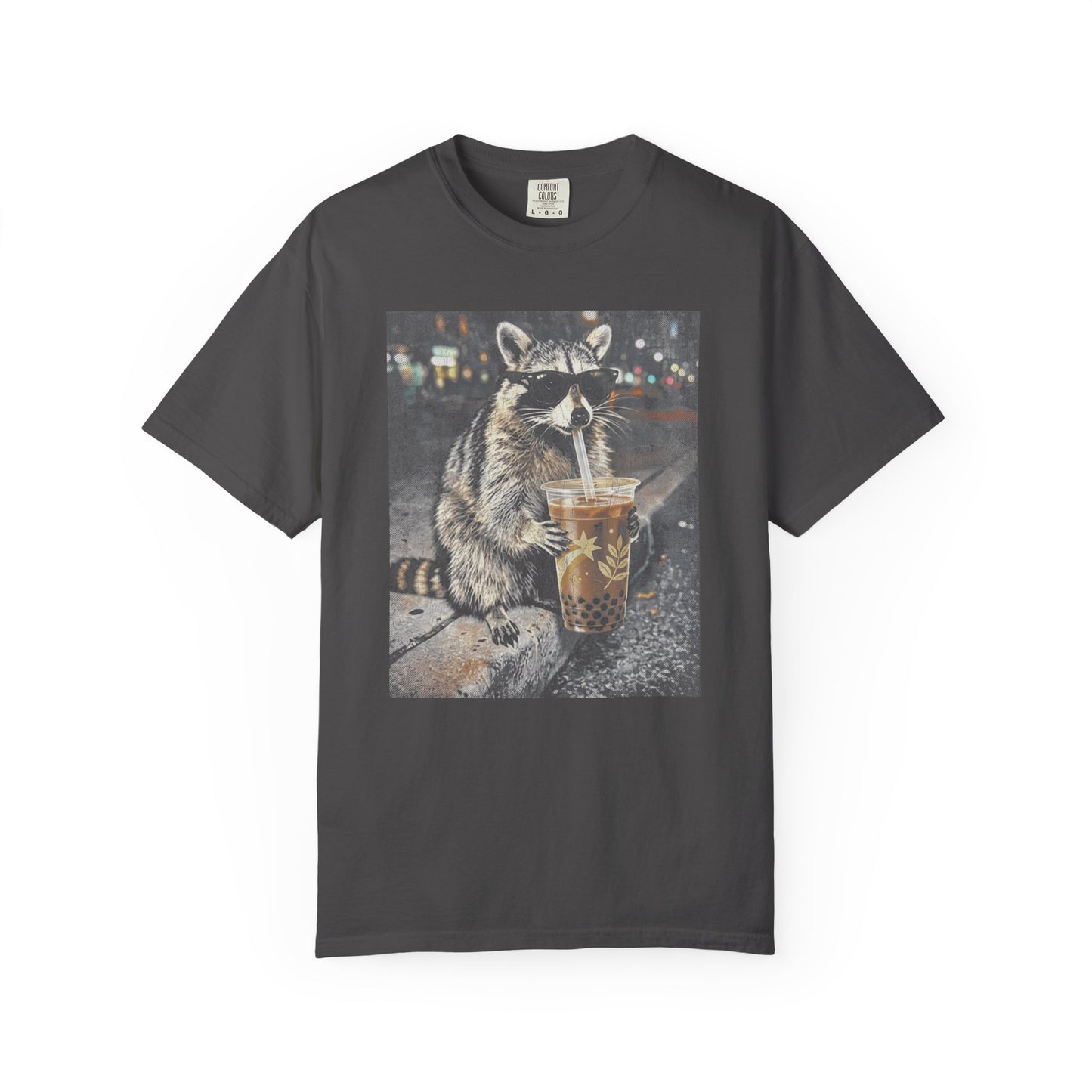 graphite t-shirt with a raccoon drinking from a cup graphic on a white background