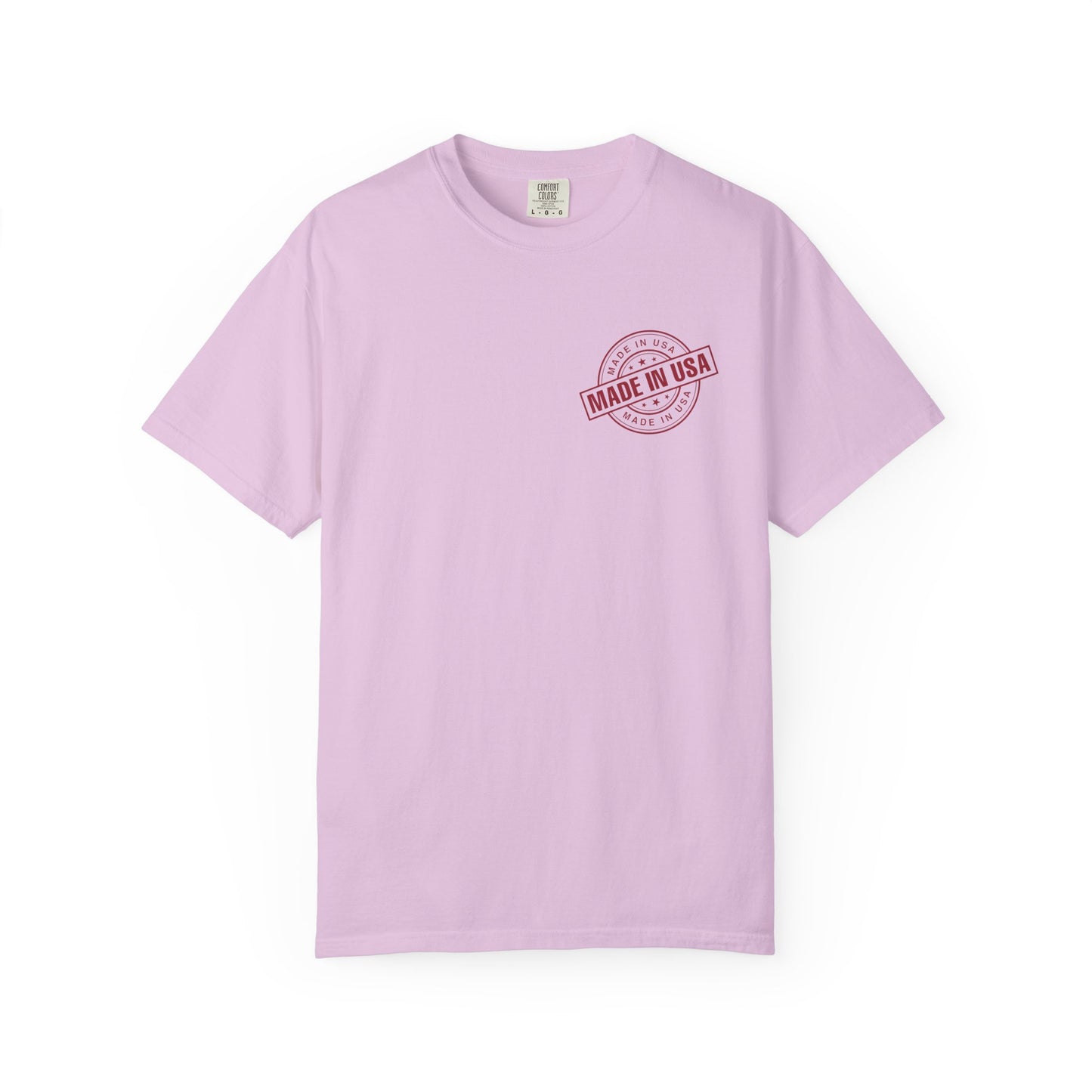 orchid t-shirt with 'Made in USA' stamp on a white background