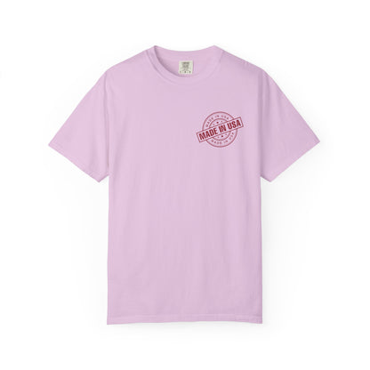 orchid t-shirt with 'Made in USA' stamp on a white background