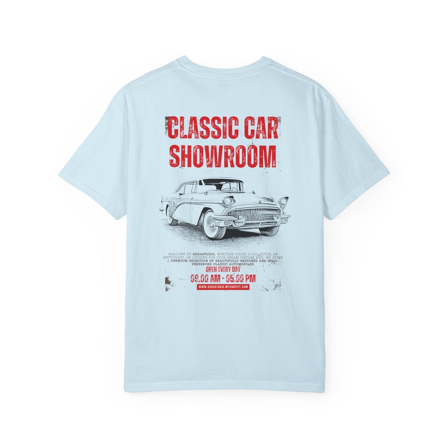 Classic Car Showroom Graphic T-Shirt — 'Old Boy Toy' Vintage Car Tee