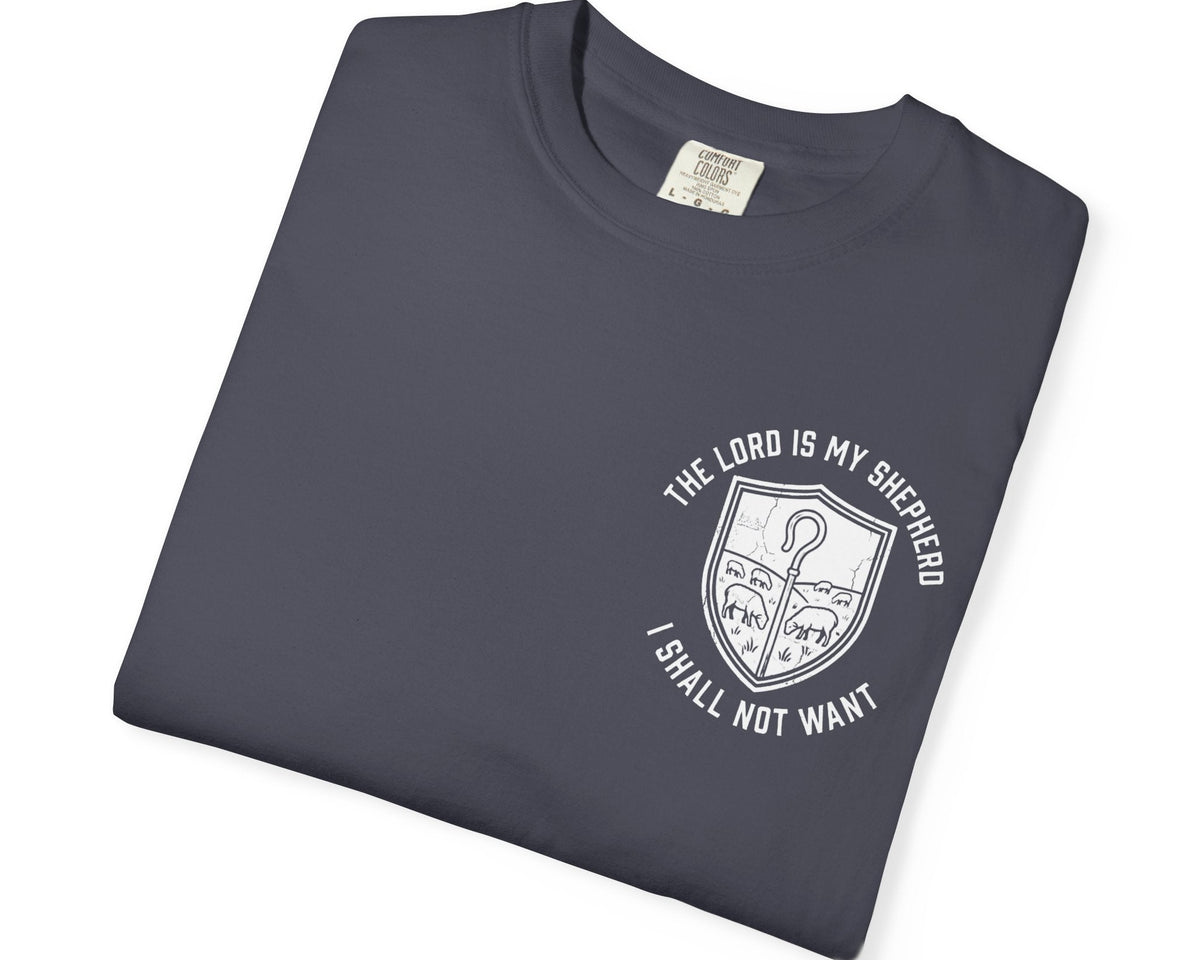 Navy Psalm 23:1 faith shirt with shepherd graphic design and scripture text shown on model