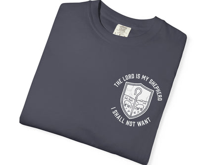 Navy Psalm 23:1 faith shirt with shepherd graphic design and scripture text shown on model