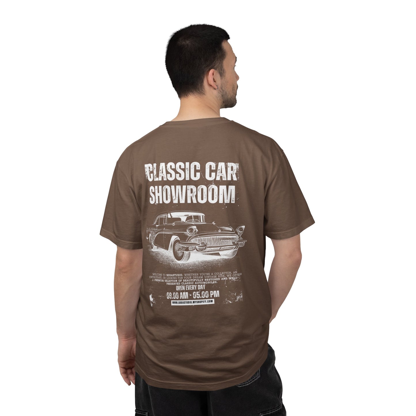 Classic Car Showroom Graphic T-Shirt — 'Old Boy Toy' Vintage Car Tee