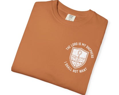 Yam Psalm 23:1 faith shirt with shepherd graphic design and scripture text shown on model