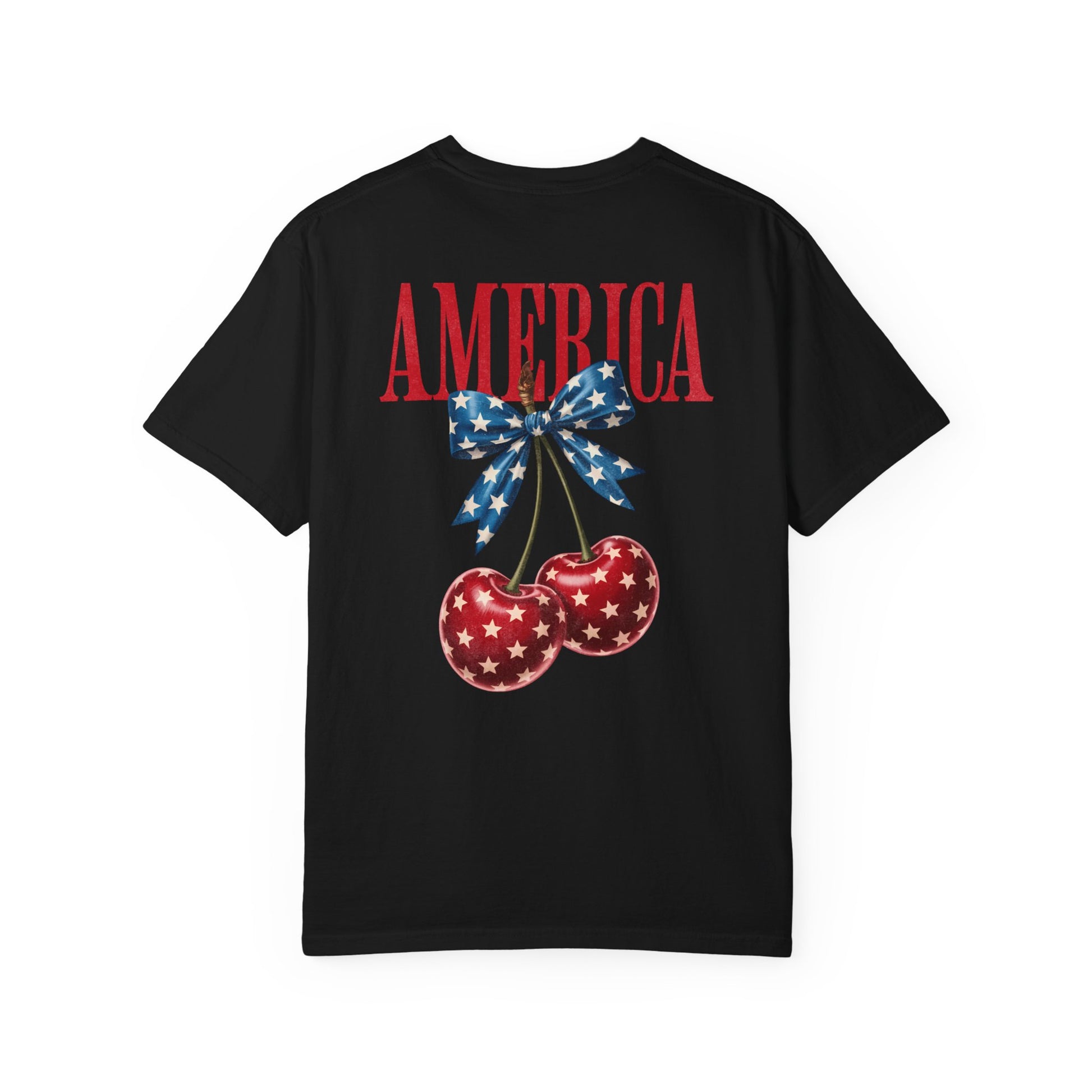 Black t-shirt with 'AMERICA' text and patriotic design on a white background