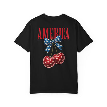 Black t-shirt with 'AMERICA' text and patriotic design on a white background