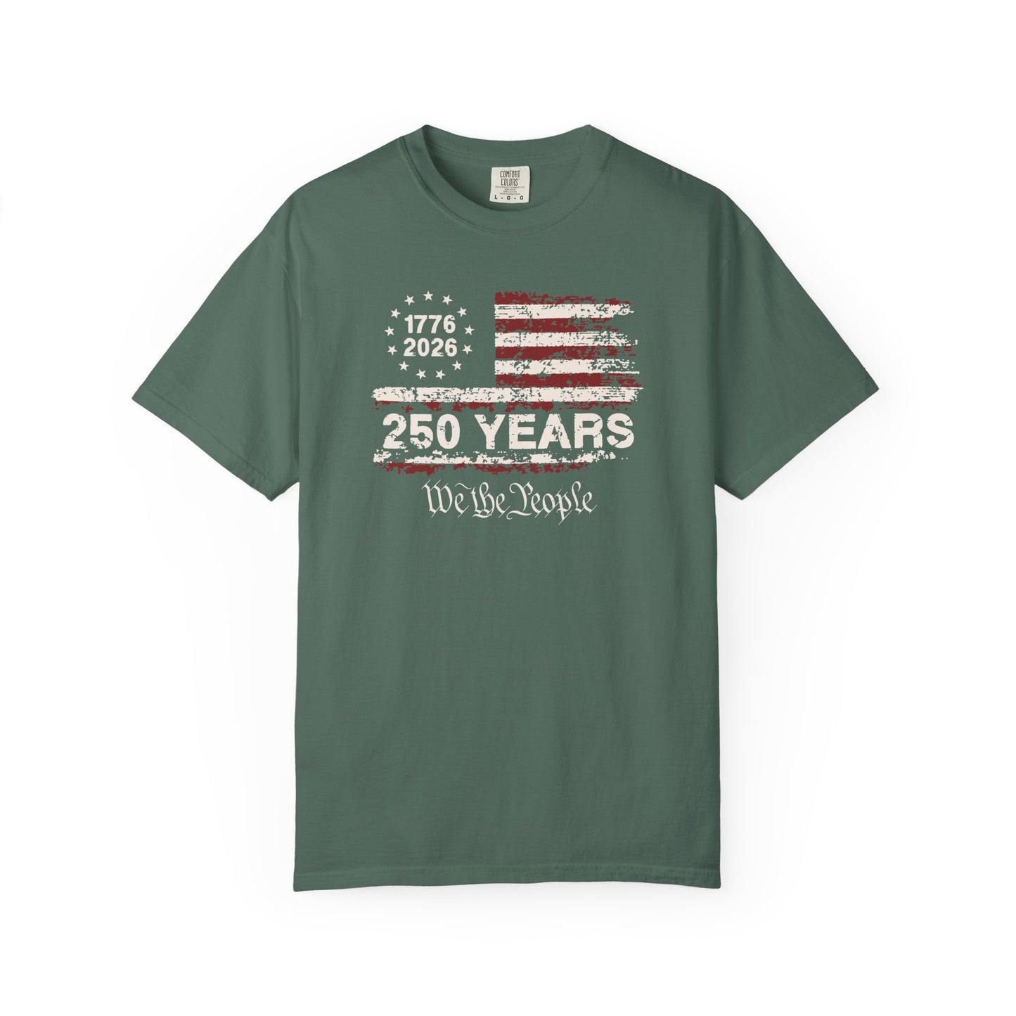 moss t-shirt with American flag design and text on a white background