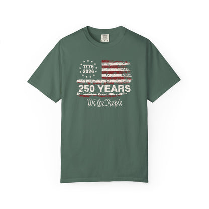 moss t-shirt with American flag design and text on a white background
