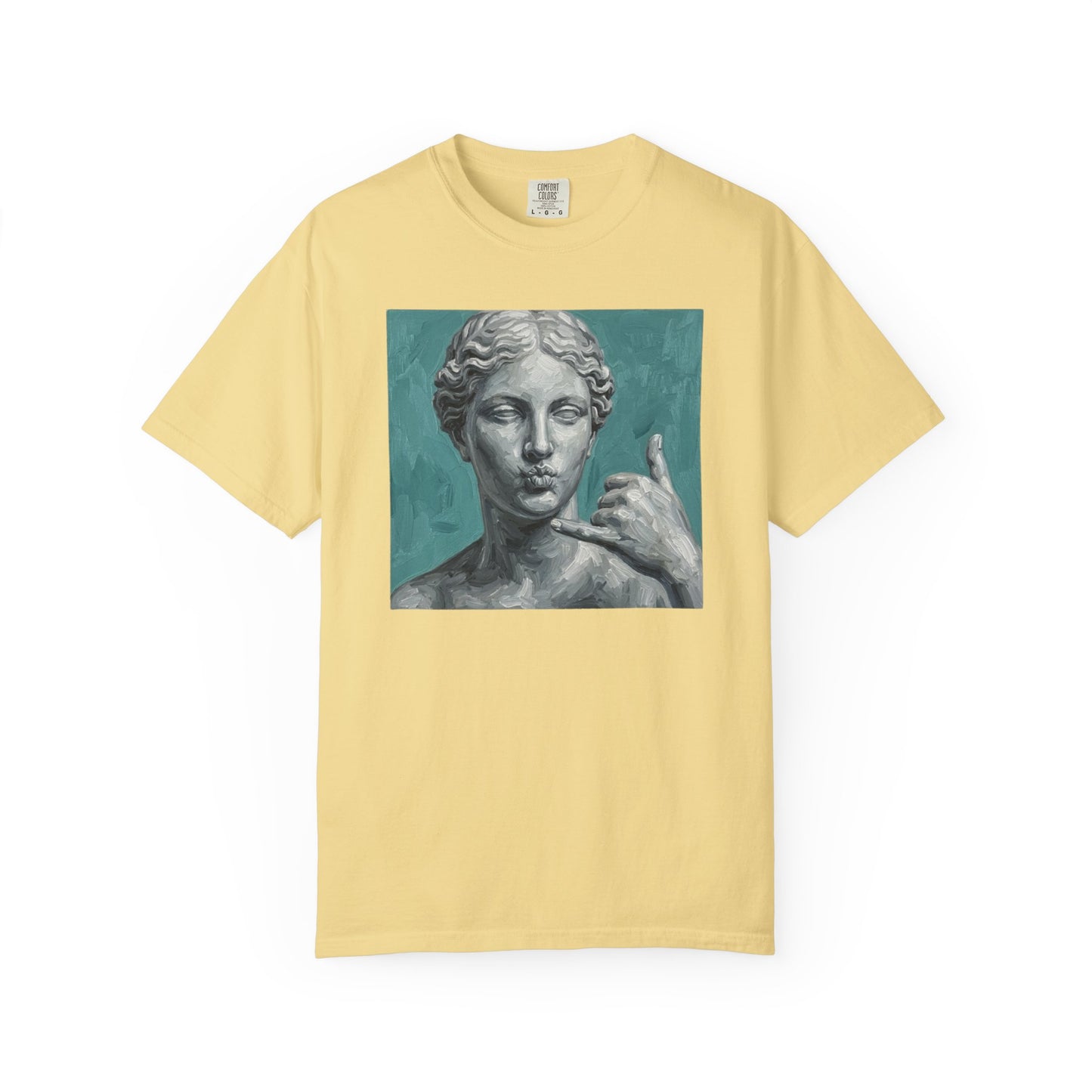 Classical Statue Call Me t-shirt in Butter — funny art shirt garment-dyed cotton

