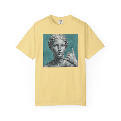 Classical Statue Call Me t-shirt in Butter — funny art shirt garment-dyed cotton
