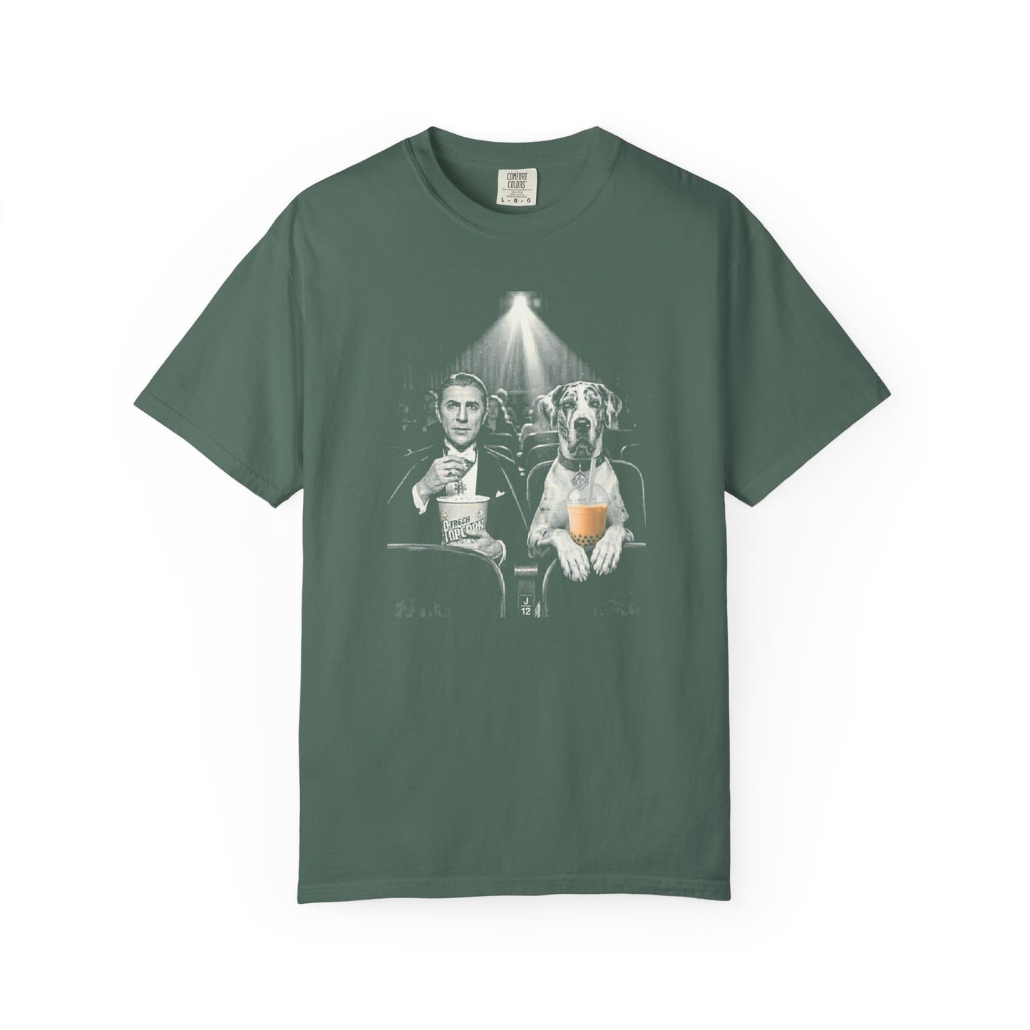 Movie Night Dracula & Great Dane T-Shirt Scary Movie Dog Graphic Tee – Blue pruce