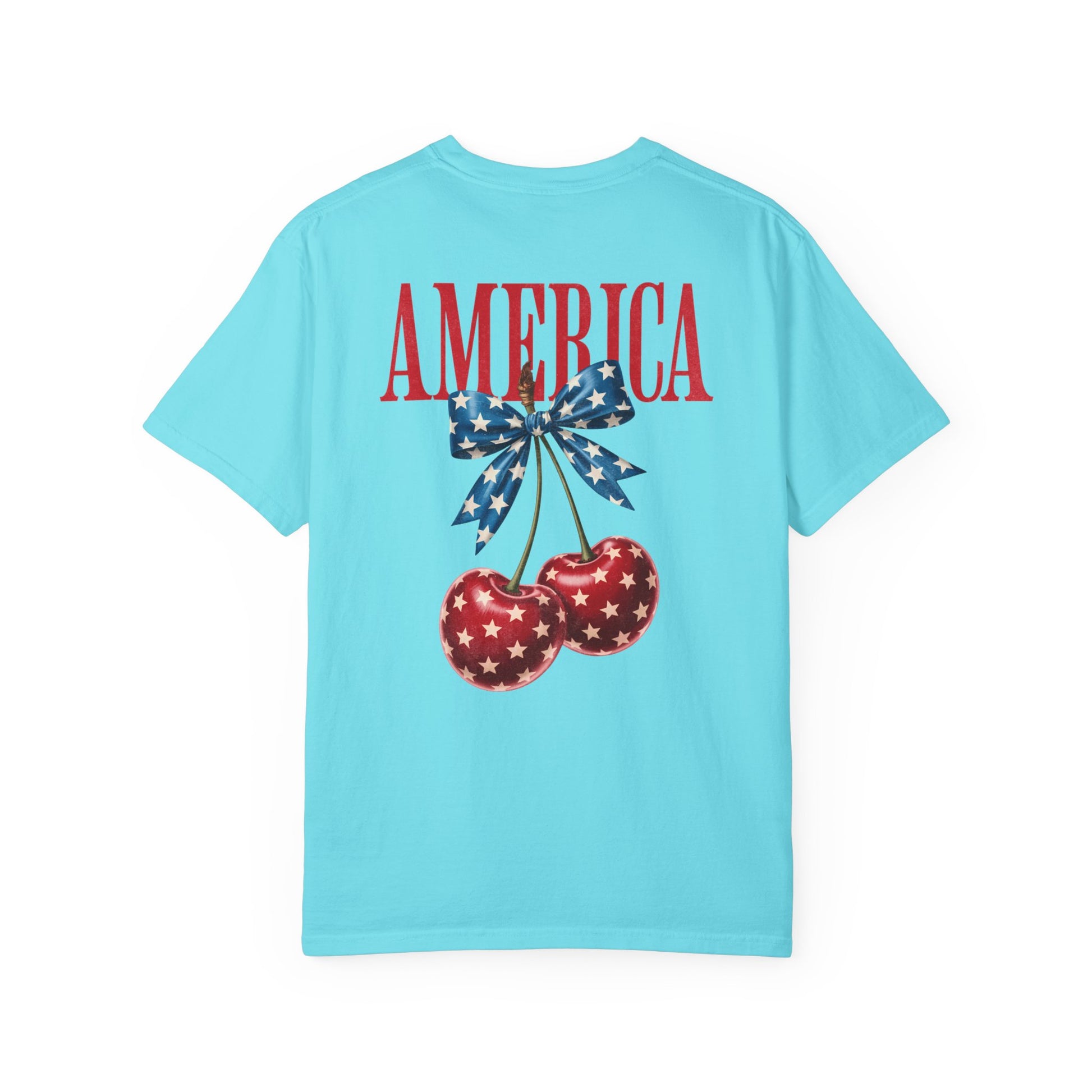 Lagoon blue t-shirt with 'AMERICA' and cherry design on a white background