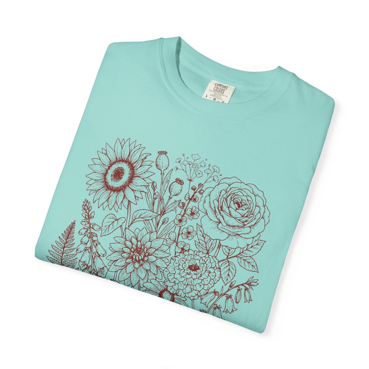 Comfort Colors® Chalky Mint shirt with hand-drawn botanical line art print featuring sunflower, rose, dahlia, and wildflowers