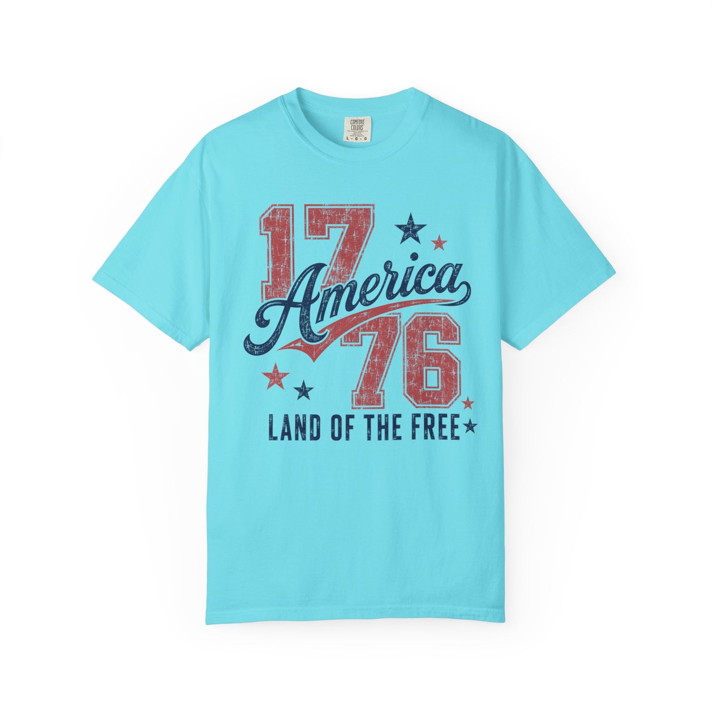 Lagoon blue t-shirt with '17 America 76 Land of the Free' text design on a white background