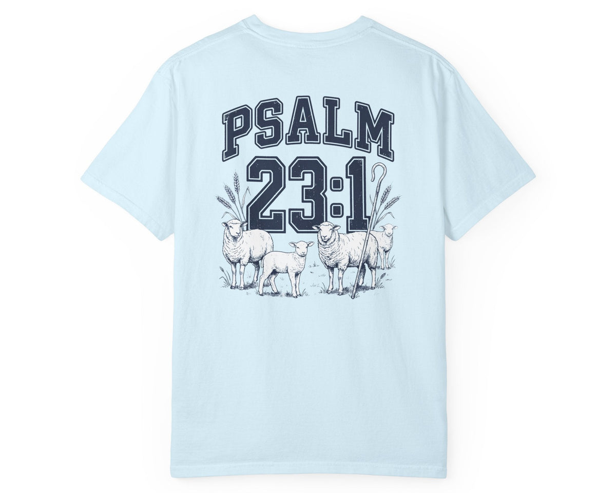 Chambray Psalm 23:1 faith shirt with shepherd graphic design and scripture text shown on model